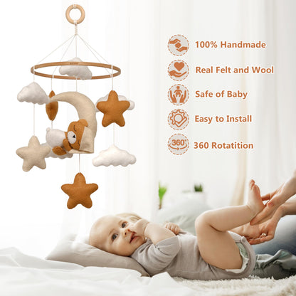 Crib Mobile for Girls, Sleeping Princess Bear Baby Mobile for Crib, Handmade Felt Crib Mobile, Baby Crib Mobile with Cloud and Stars, Nursery Baby Mobile for Bassinet (Cinnamon)