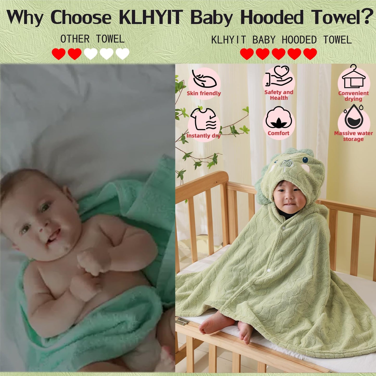 Unisex Toddler Bath Towel with Hood, 27.5"X55", Green, Anime Dinosaur Pattern, Coral Fleece, Machine Wash, 1 Count