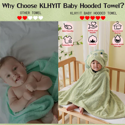 Unisex Toddler Bath Towel with Hood, 27.5"X55", Green, Anime Dinosaur Pattern, Coral Fleece, Machine Wash, 1 Count