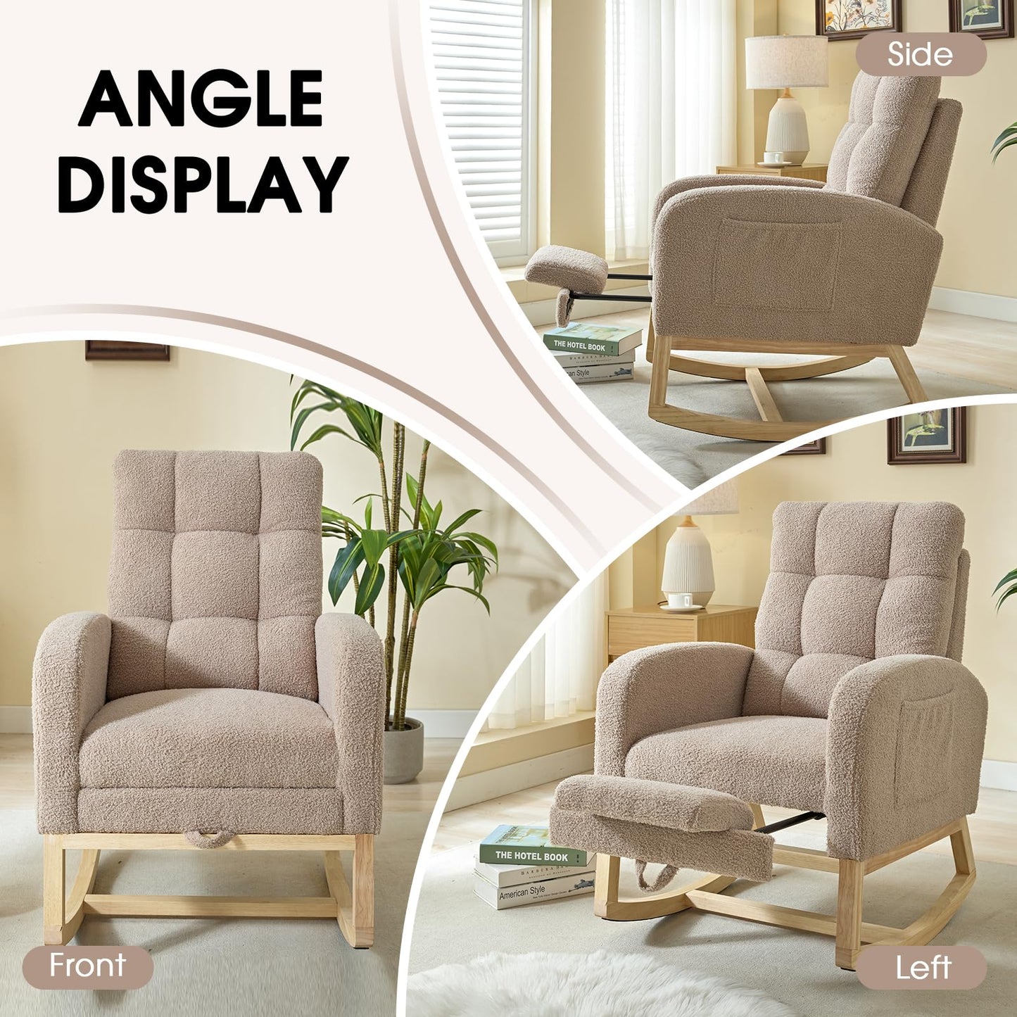 NIOIIKIT Modern Nursery Rocking Chair, Teddy Upholstered Rocking Chair with Footrest, Comfortable Glider Rocker with Side Pocket for Living Room, Bedroom, Nursing Room (Beige)