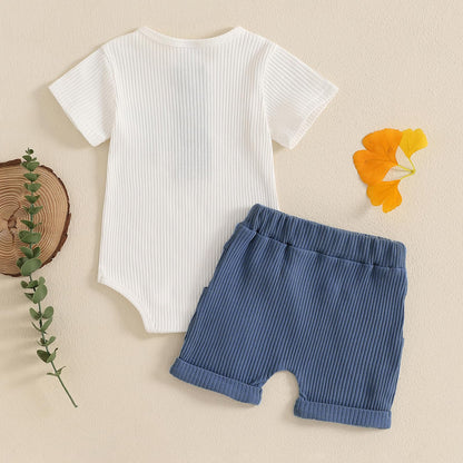 fhutpw Baby Boy Clothes Short Sleeve Romper & Shorts Sets Newborn 3 6 12 Months Summer Knitted Ribbed Splicing Color Outfits