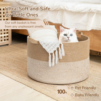 INDRESSME XXXLarge Cotton Rope Basket 21.7" x 21.7" x 13.8" Woven Baby Laundry Blanket Basket Toy Baskets with Handle Storage Comforter Cushions Thread Laundry Hamper