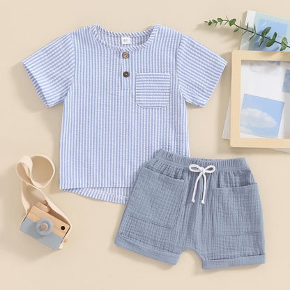 fhutpw Baby Boy Summer Outfits Henley Shirt Soft Pocket Short Sleeve Tops & Shorts Sets Infant 3 6 12 18 Months 2T Clothes