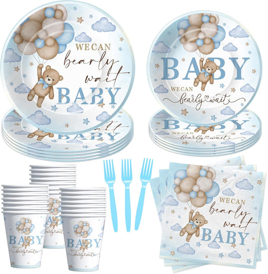 Bear Baby Shower Decorations Party Tableware Boy - Blue Bear We Can Bearly Wait Baby Shower Decorations Supplies, Paper Plates and Napkins Set, Cup, Disposable Forks, 24 Guests