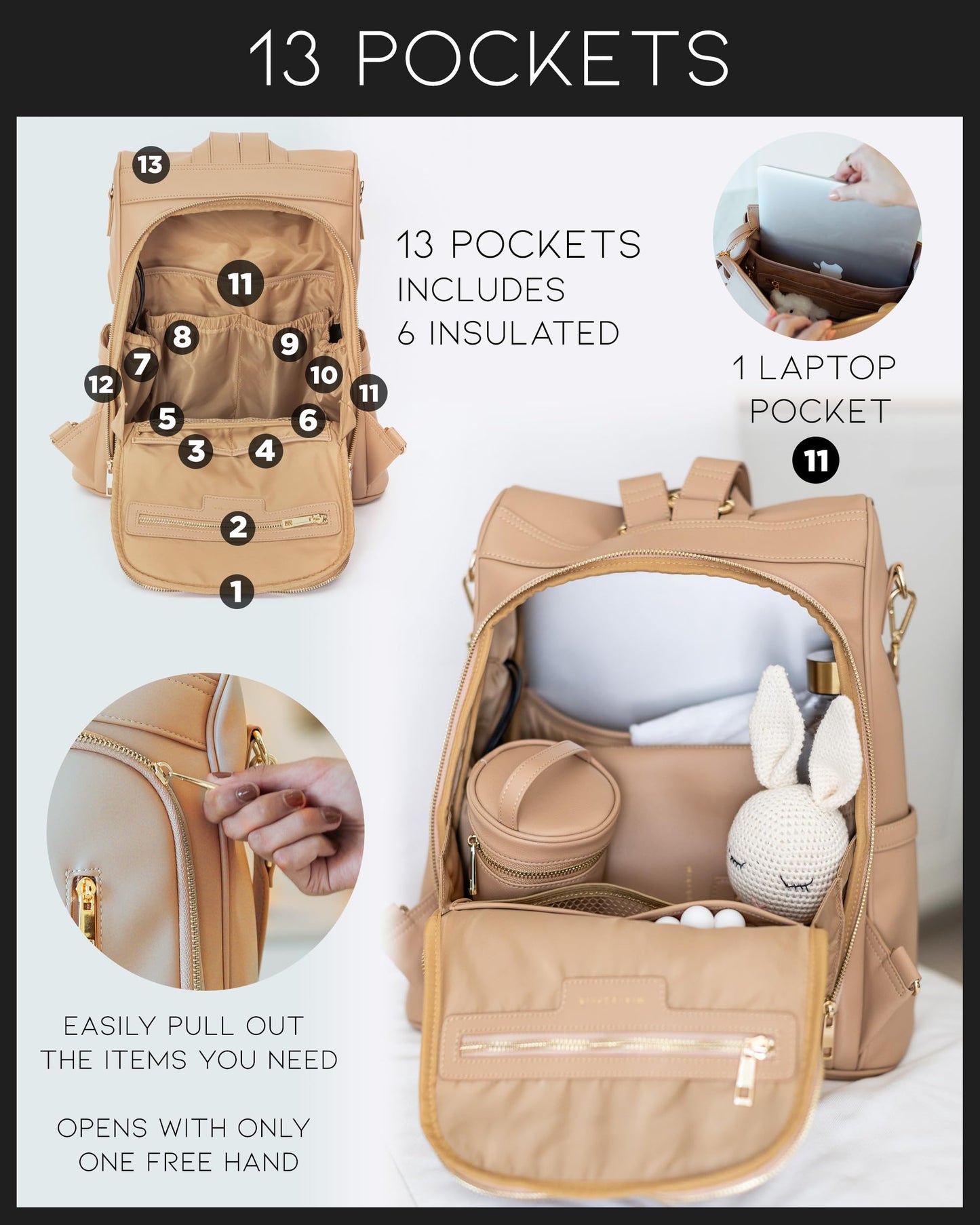 Leather Diaper Bag Backpack with USB Charging port, Changing Pad, Stroller Straps, and Bottle Holder (Brown Olivia)