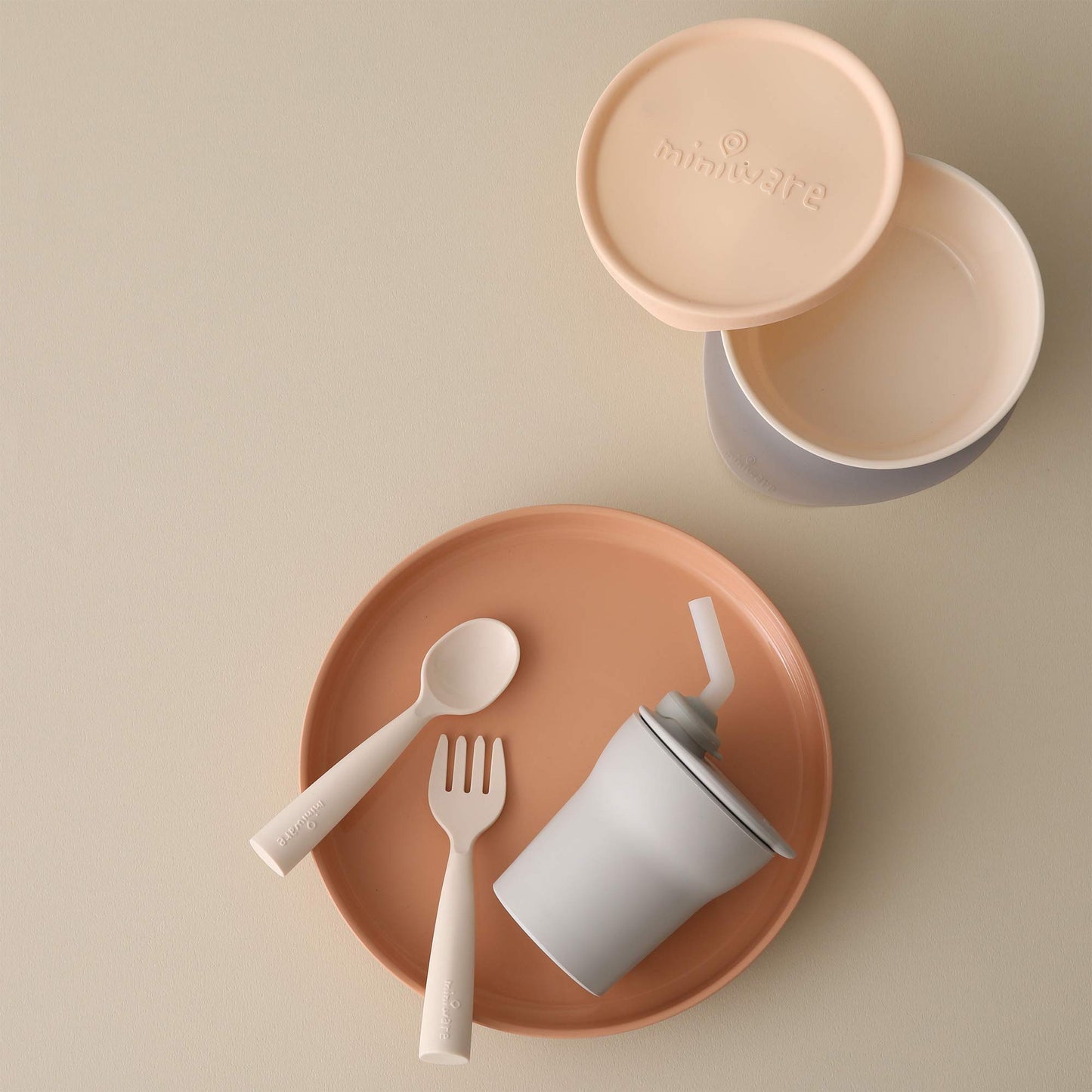 Miniware Little Foodie Set with Cereal Bowl, Sandwich Plate, My First Cutlery Set, 1-2-3 Sip Cup, and Detachable Suction Foot for Baby Toddler Kids (Little Camper)