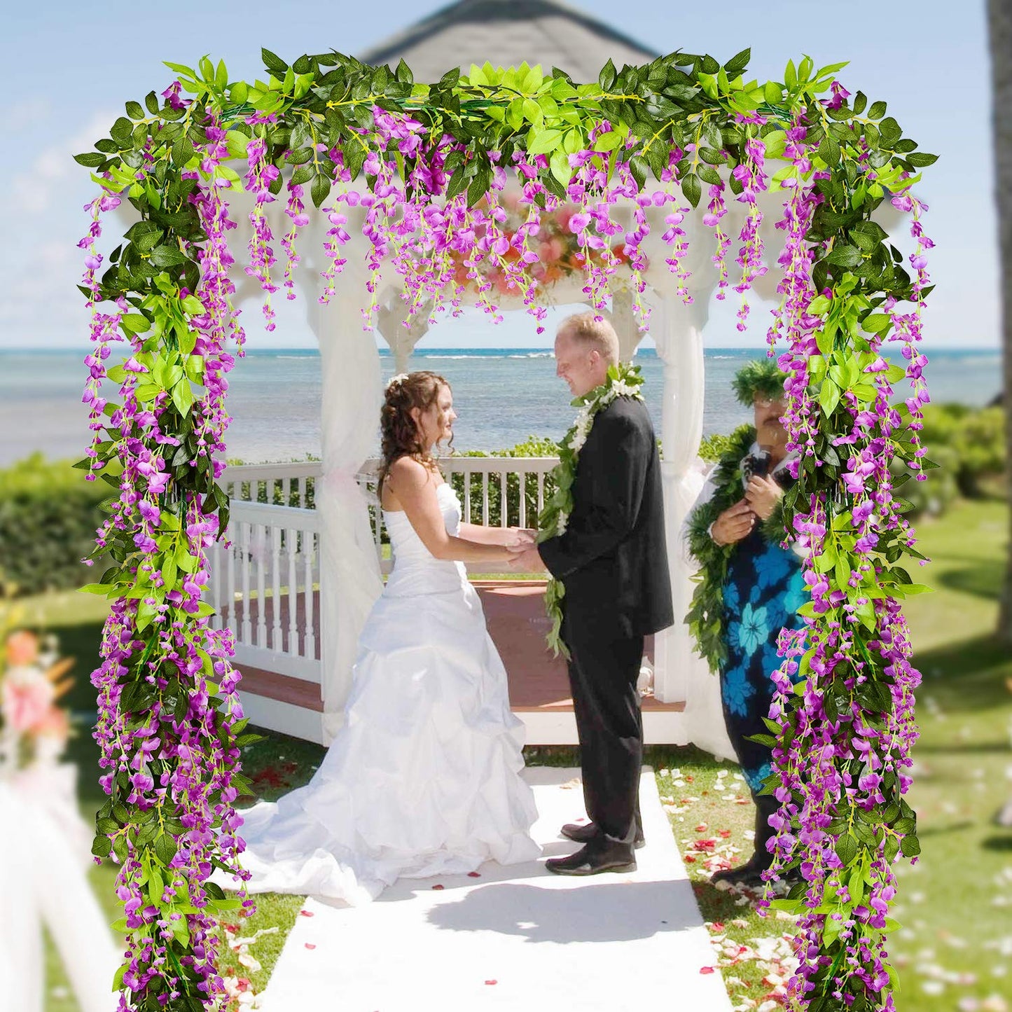 Lvydec Wisteria Artificial Flowers Garland, 4Pcs Total 28.8ft White Artificial Wisteria Vine Silk Hanging Flower for Home Garden Outdoor Ceremony Wedding Arch Floral Decor