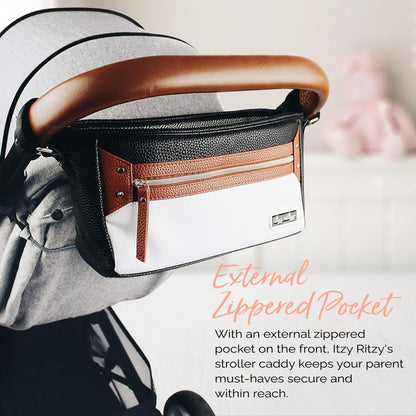 Itzy Ritzy Adjustable Stroller Caddy and Organizer Bag Featuring Front Zippered Pocket, 2 Built-in Interior Pockets & Adjustable Straps to Fit Nearly Any Stroller (Chai)