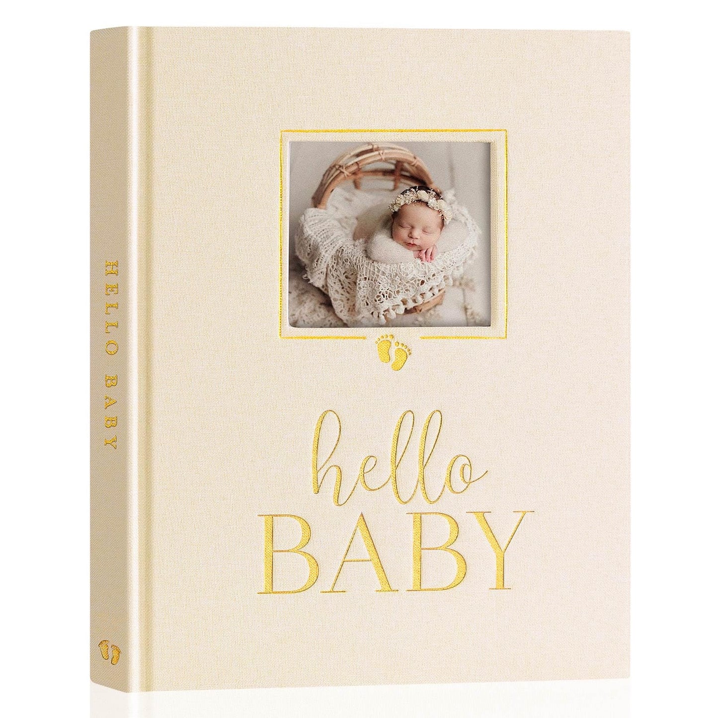 Lanpn Hello Baby Memory Book, Newborn First 5 Year Keepsake with DIY Window, Linen Baby Book Memories Journal Scrapbook Photo Book, Baby Milestone Album for Boy Girl New Parents (Beige, 154 Pages)