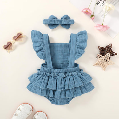 Happy Town Baby Girl Clothes Toddler Summer Linen Romper Sleeveless Ruffle Outfits Infant Girls Jumpsuit with Headband