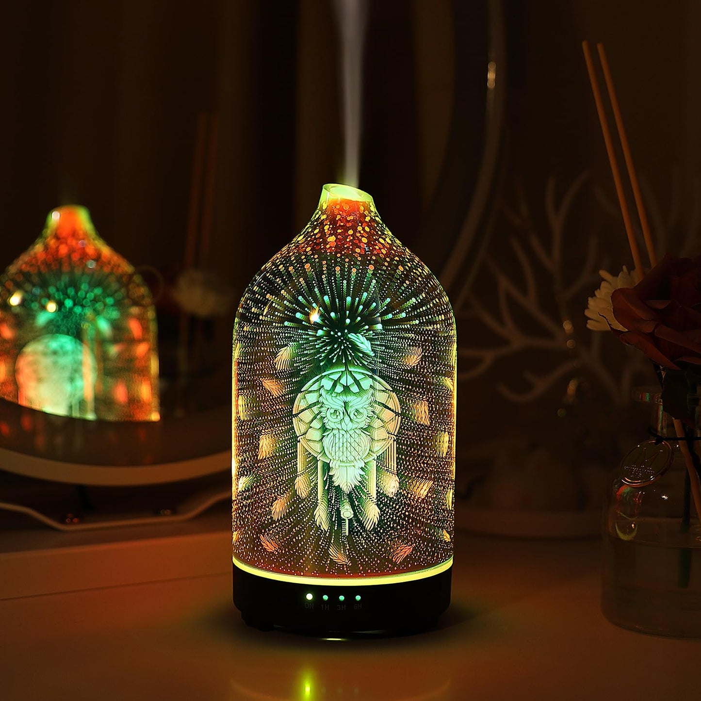 Essential Oil Diffuser Hand Blown Glass Aromatherapy Diffuser - Ultrasonic Cool Mist Scent Aroma Diffuser, Whisper Quiet with Auto Shut-Off, Timer Setting &7 Colors Night Light for Home