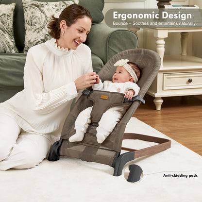 Foldable Baby Bouncer, Baby Seat with 3 Adjustable Heights, Portable Newborn Rocker, Ergonomic Bouncy Seat for Natural Bounce, Bouncer for Babies 0-6 Months, Soft Cotton (Beige)