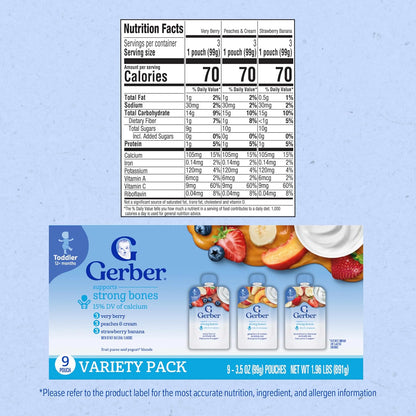 Gerber Baby Food Pouches, Very Berry (3), Peaches & Cream (2), Strawberry Banana (2), Value Pack, Fruit and Yogurt, Toddler, (3.5 oz each), (Pack of 9)
