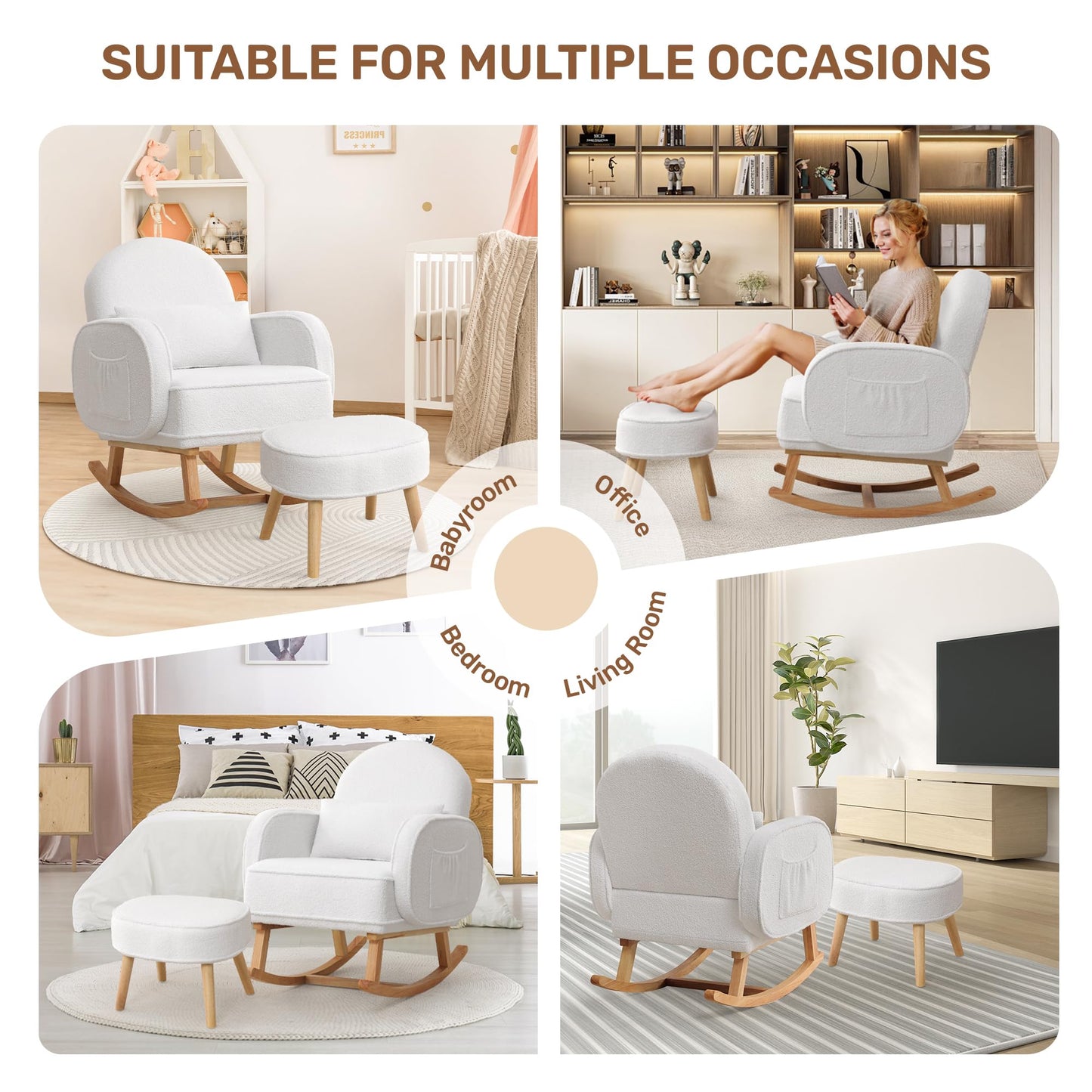 Rocking Chair with Ottoman, Upholstered Glider Rocker with High Backrest and Side Pocket, Rocking Accent Armchair with Solid Wood Legs for Nursery, Living Room, Bedroom Green