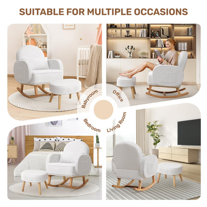 Rocking Chair with Ottoman, Upholstered Glider Rocker with High Backrest and Side Pocket, Rocking Accent Armchair with Solid Wood Legs for Nursery, Living Room, Bedroom Green