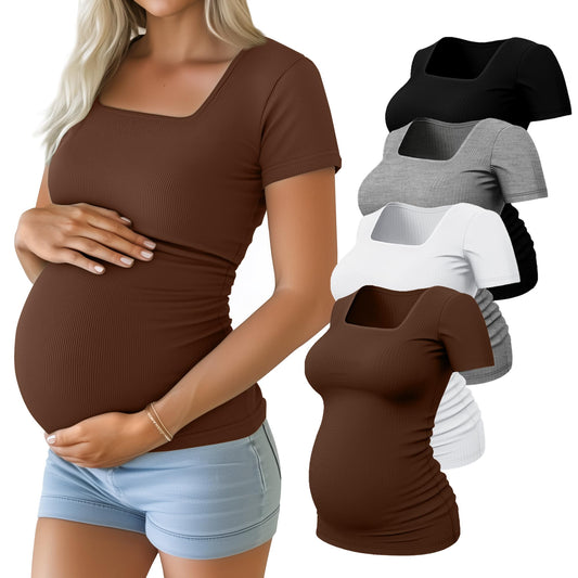 Huukeay 4 Pack Women's Maternity Shirts Cotton Ribbed Short Sleeve Square Neck Pregnancy Tops Side Ruched Summer Tee