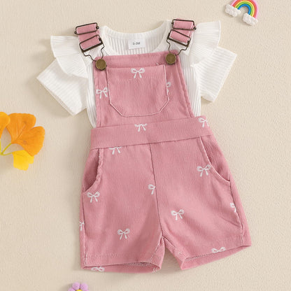 Adobabirl Baby Girl Summer Clothes Ribbed Short Sleeve Romper Bow Print Overalls Shorts Set Infant Cute Summer Outfits
