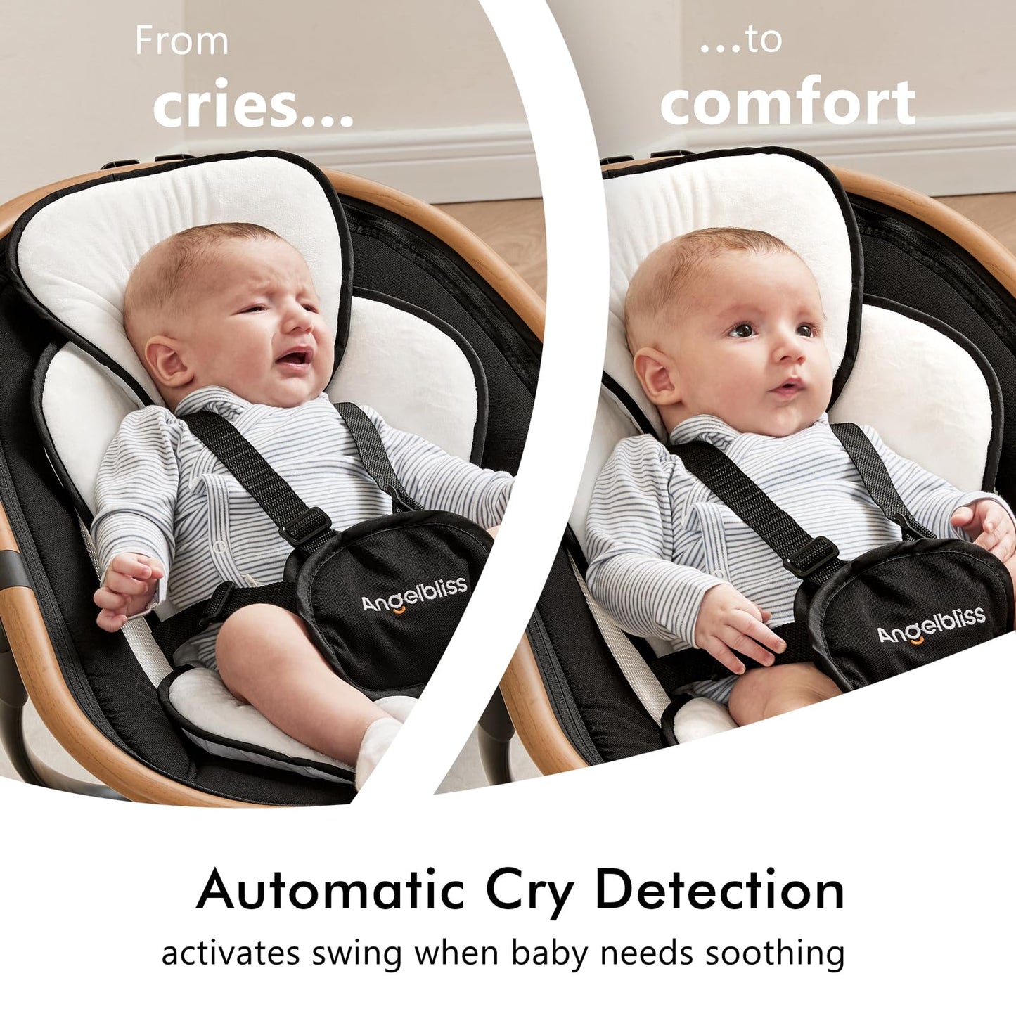 Angelbliss Baby Swing with Cry Detection, Side-to-Side Electric Swing with 5 Speeds, 180° Rotation, Indoor for Infants and Toddlers (Black)