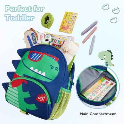 mommore Toddler Backpack for Boys 2-4, 3D Cartoon Mini Kids Travel Bag, Small Baby Backpack with Toddler Leash, Chest Buckle, Water-Resistant Pre-K Schoolbag, Dinosaur