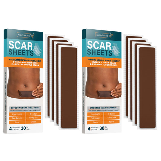 NUVADERMIS Silicone Scar Sheets - Extra Long Scar Sheets for C-Section, Tummy Tuck, Keloid, and Surgical Scars - Reusable Medical Grade Silicone Scar Sheets - Pack of 4 - Light Tone