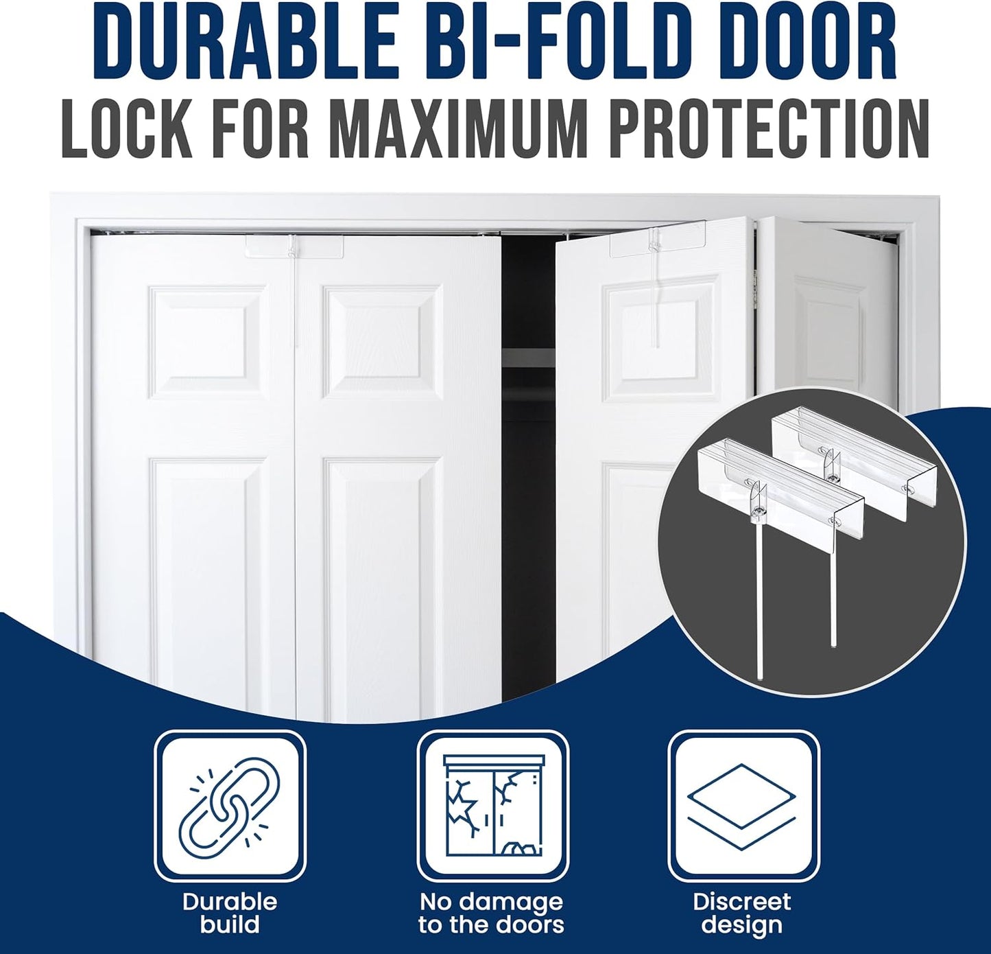 (2- Pack) - Safety Innovations Bi-fold Door Lock - Closet Protection Child and Pet Proof Bi-fold Door Lock - Tool-Free Installation - Unbreakable Clear Polycarbonate - for 1 3/8" Thick Wood Doors
