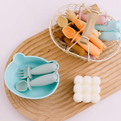 Bear Silicone Baby Bowl Suction Baby Spoon and Fork for Babies 6 months+ Suction Bowls for Baby Utensils 6-12M+ BLW Essentials (Peach Lilac)