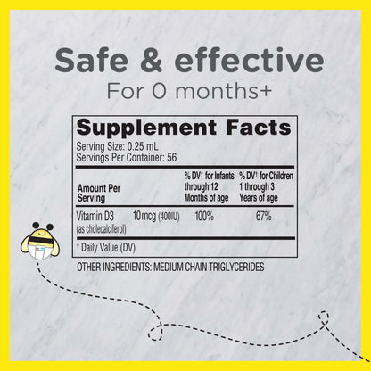 Zarbee's Vitamin D Drops for Infants, 400IU (10mcg) Baby & Toddler Liquid Supplement, Newborn & Up, Dropper Syringe Included, 0.47 Fl Oz