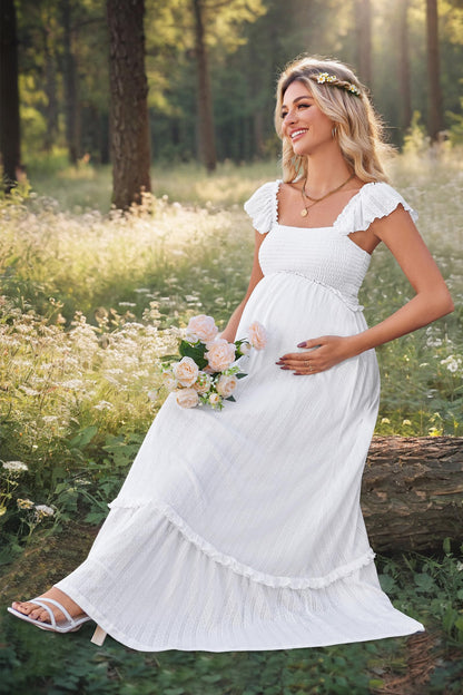 OUGES Womens 2025 Summer Maternity Photoshoot Dress Boho Maxi Smocked Baby Shower Dress Ruffle Sleeve Maternity Clothes