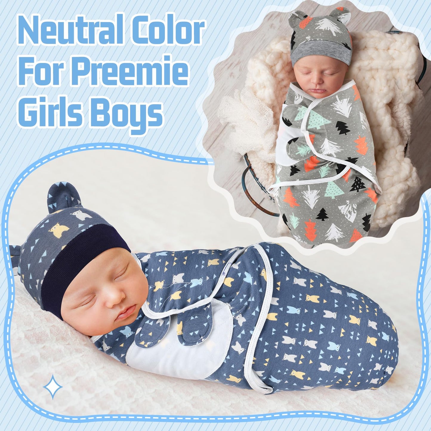 Buryeah 4 Pack Preemie Swaddle Blanket Wrap Set with Hat for Baby Boys Girls 3-7 Lbs Preemie Newborn Clothes Sleepers Cap