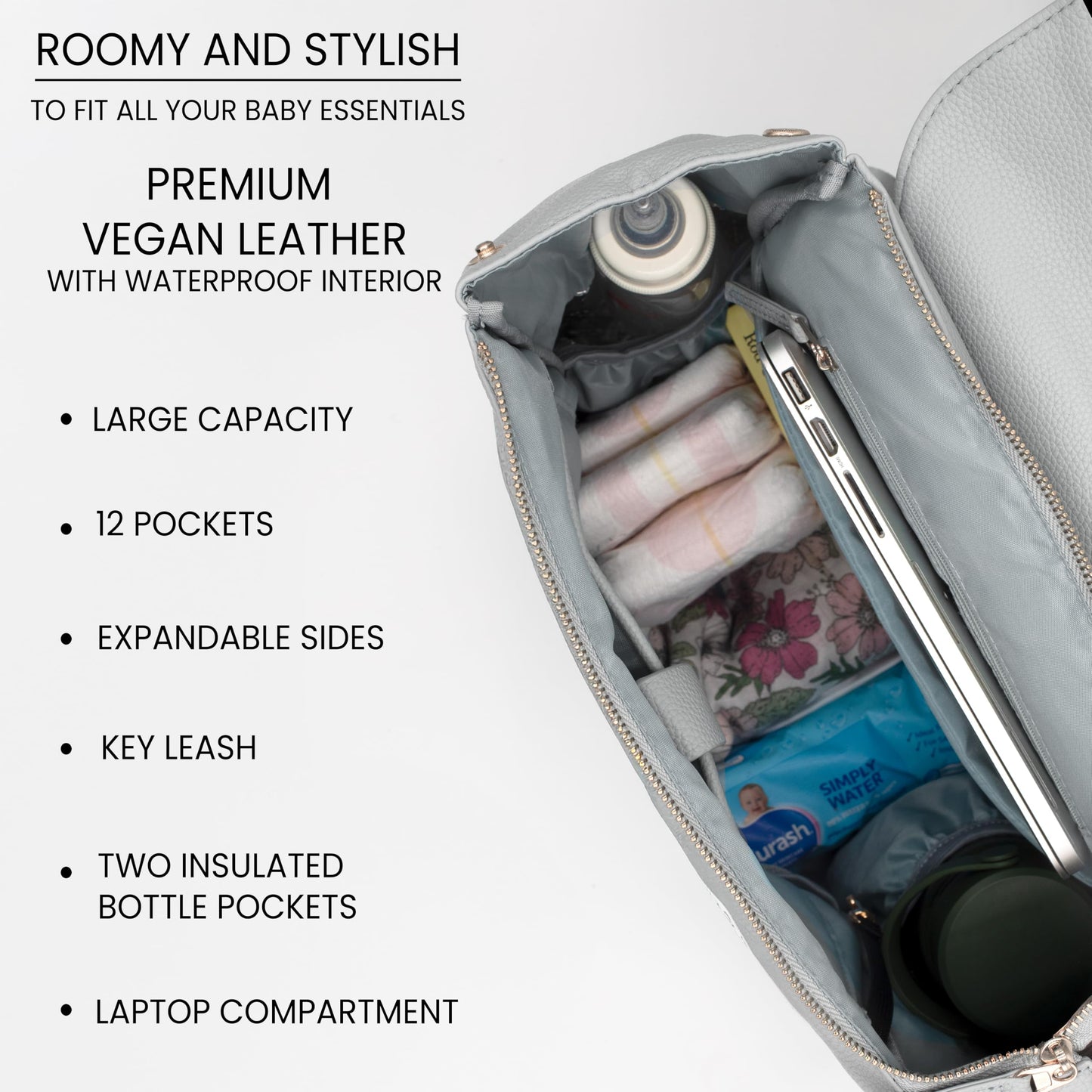 Premium Vegan Leather Diaper Bag Backpack – Large Designer Baby Bag, Stylish Diaper Backpack with Stroller & Crossbody Straps & Multiple Compartments (Powder Blue)