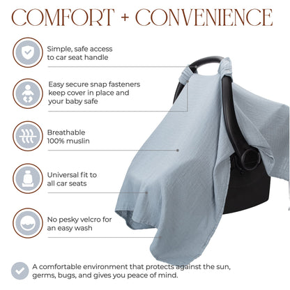 Comfy Cubs Baby Car Seat Cover - Soft, Breathable Bamboo Rayon and Muslin Cotton Blend - Lightweight Canopy for Sun, Bug, and Comfort Protection - Large Size Infant Seat Cover in Sage Design
