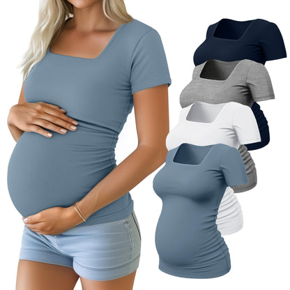 Huukeay 4 Pack Women's Maternity Shirts Cotton Ribbed Short Sleeve Square Neck Pregnancy Tops Side Ruched Summer Tee