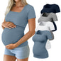 Huukeay 4 Pack Women's Maternity Shirts Cotton Ribbed Short Sleeve Square Neck Pregnancy Tops Side Ruched Summer Tee