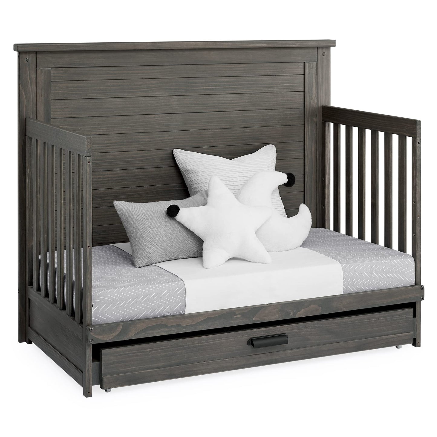 Delta Children Simmons Kids Caden 6-in-1 Convertible Crib with Trundle Drawer, Greenguard Gold Certified, Rustic Mist