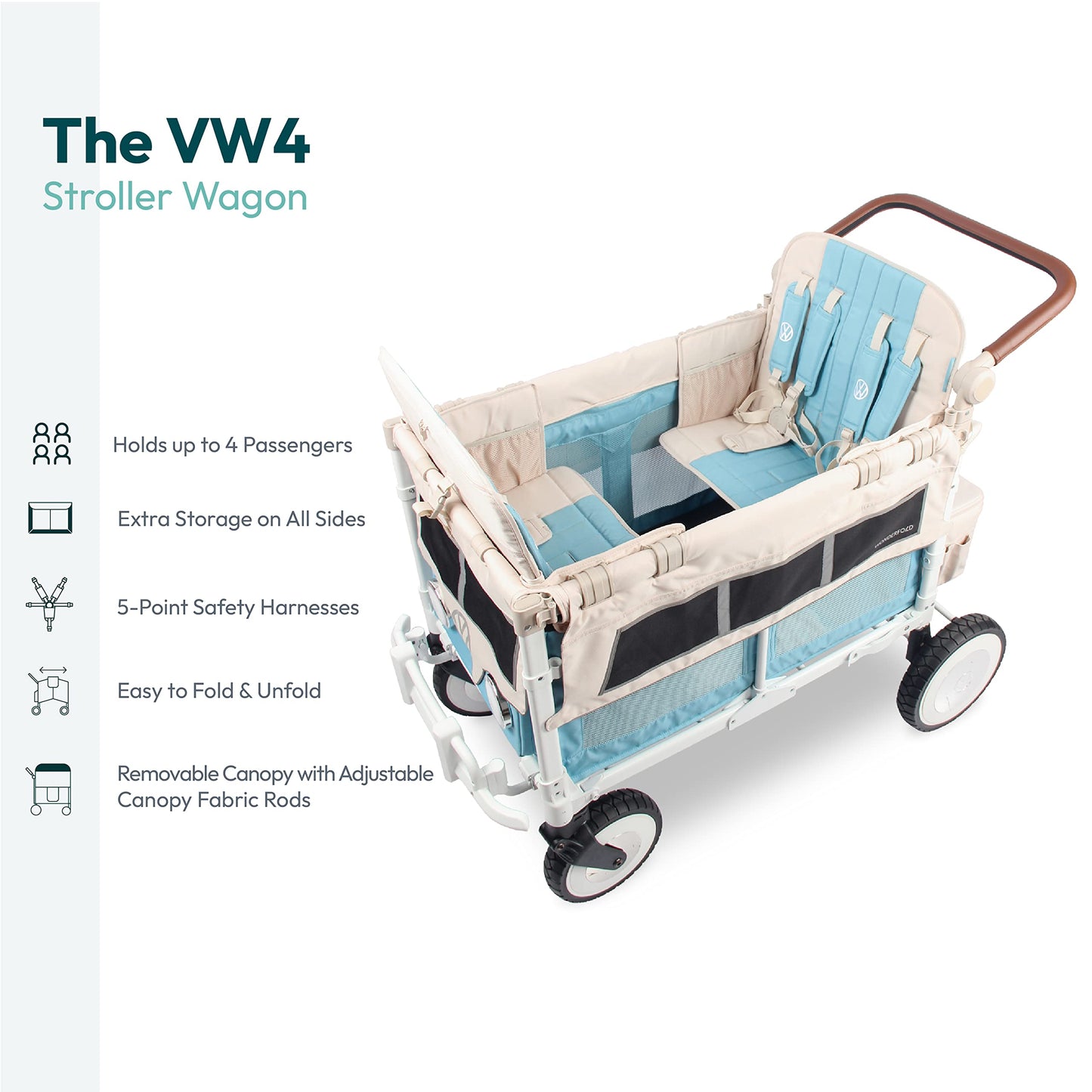 WONDERFOLD W4 Luxe Quad Stroller Wagon Featuring 4 High Face-to-Face Seats with Magnetic Buckle 5-Point Harnesses and Adjustable/Removable UV-Protection Canopy, Hunter Green