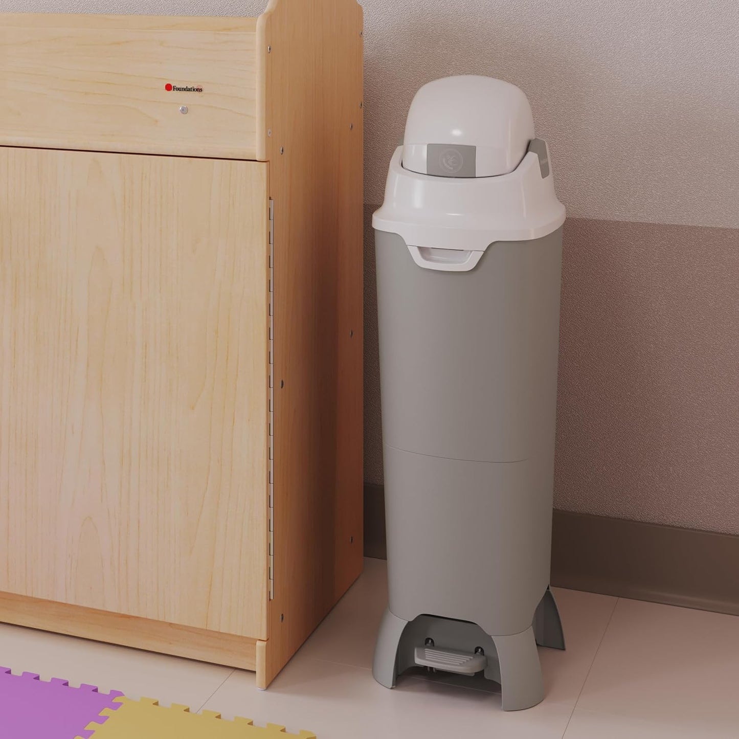 Foundations Hands Free Tall Diaper Pail with Airtight Lid - Durable & Odorless Diaper Disposal, Large Capacity, Holds up to 60 Newborn Diapers, Refill with Any Bags - Gray