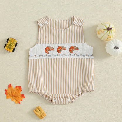 Baby Girl Pumpkin Embroidery Jumpsuit Halloween Sleeveless Round Neck Plaid Tank Romper
