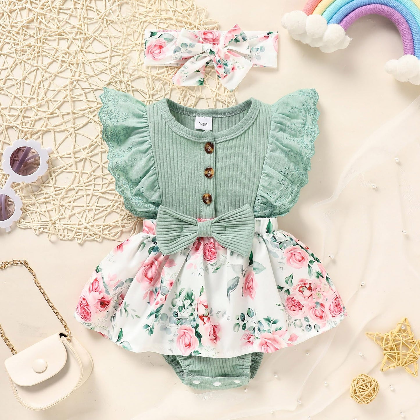 Sinhoon Baby Girl Clothes Newborn Ruffled Sleeveless Romper Floral Dreesy Bodysuit Heaedband 3pcs Baby Girl Summer Clothes