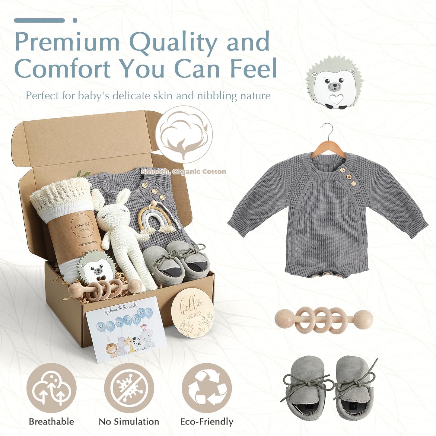 meloom Baby Gift Set, Unisex Newborn Gifts Box, Boho Gender Neutral Baby Essentials, for New Mom, New Baby Gifts for Boys and Girls, Personalized Gift Basket for New Babies
