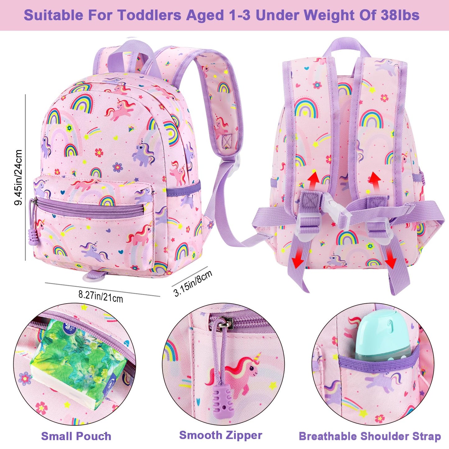 Accmor Toddler Backpack Leash, Cute Unicorn Baby Backpacks with Anti Lost Wrist Link, Mini Kids Backpack Leash Walking Harness for Outdoor Travel, Adorable Backpack Tether for Boys Girls 1-3 (Purple)
