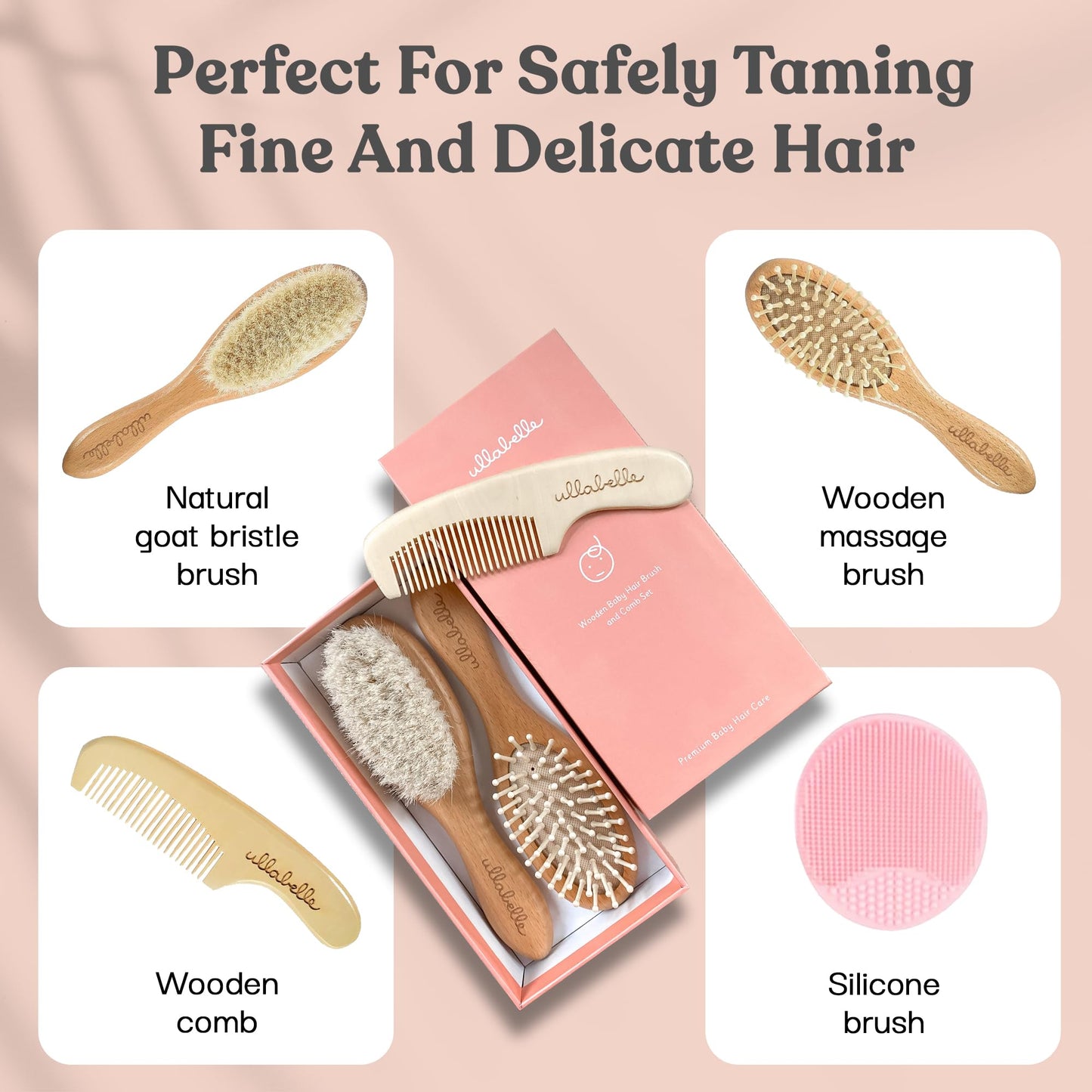 4 Piece Wooden Baby Hair Brush and Comb Set for Newborns & Toddlers in Chic Gift Box - Ultra Soft Natural Goat Hair and Wood Baby Brush Set Prevents Cradle Cap - Perfect Registry Gift (Pink)
