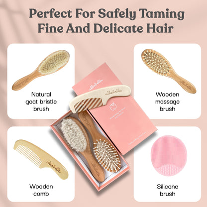 4 Piece Wooden Baby Hair Brush and Comb Set for Newborns & Toddlers in Chic Gift Box - Ultra Soft Natural Goat Hair and Wood Baby Brush Set Prevents Cradle Cap - Perfect Registry Gift (Pink)