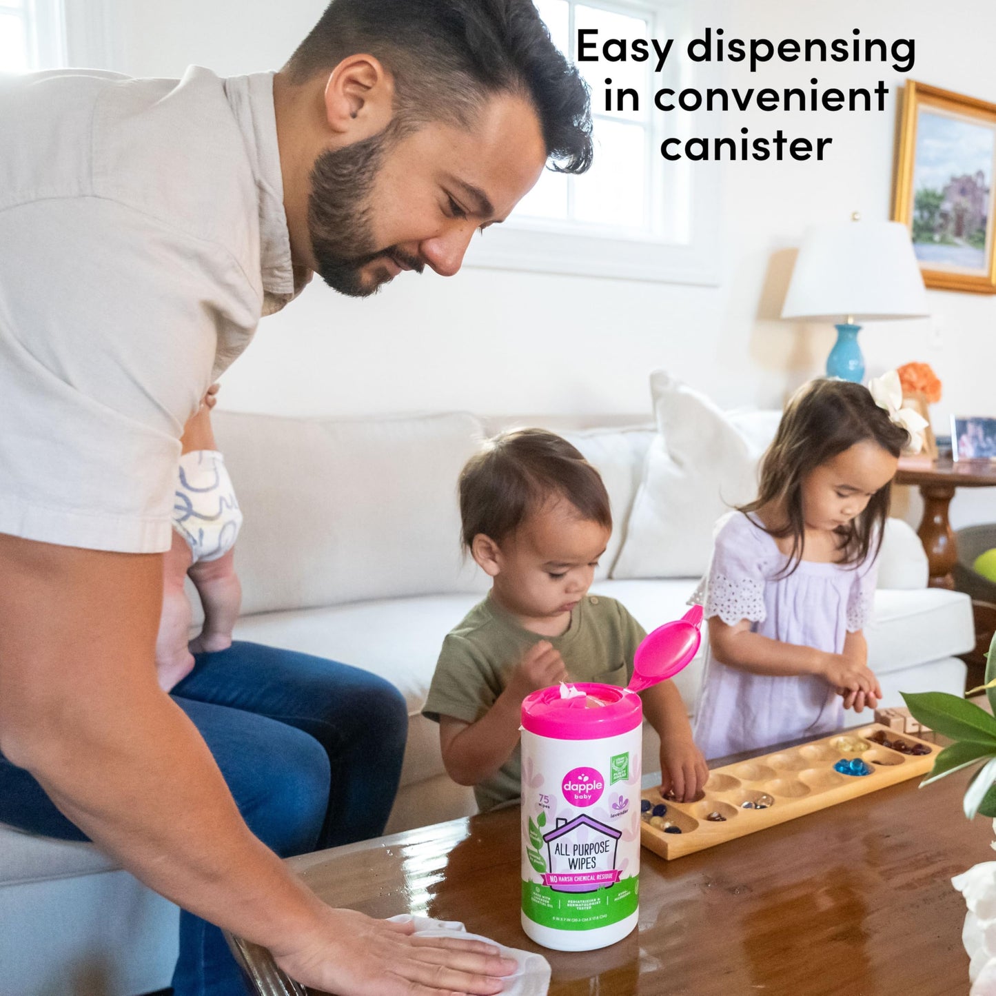 All Purpose Wipes by Dapple Baby, Hypoallergenic Cleaning Wipes Powered by Plants, Hint of Lavender, 75 Count Canister (Pack of 2) + 30 Count (Pack of 2)