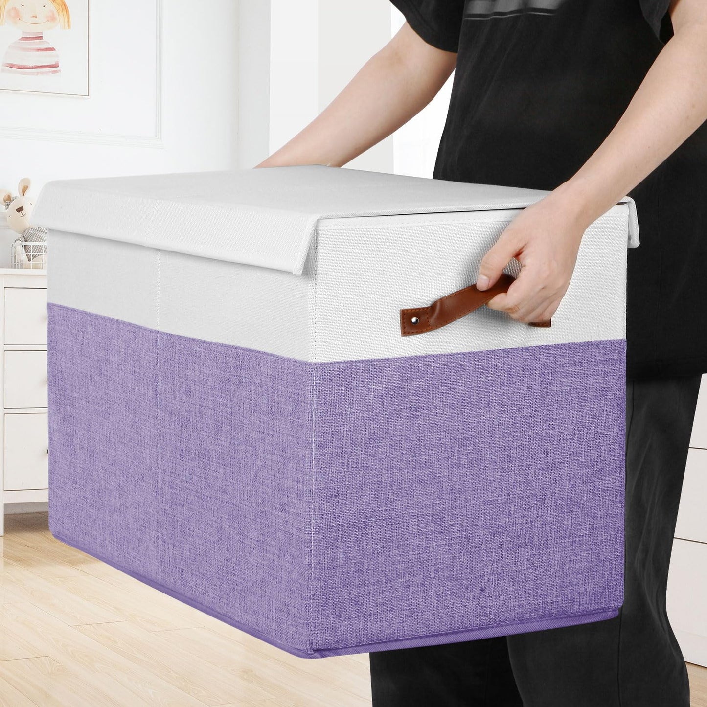 Large Toy Storage Box with Lid, Sturdy Toys Storage Chest Bin Organizer Basket with Dividers for Kids, Boys, Girls, Nursery, Closet, Bedroom, Playroom 25"x13" x16" (Beige and White)