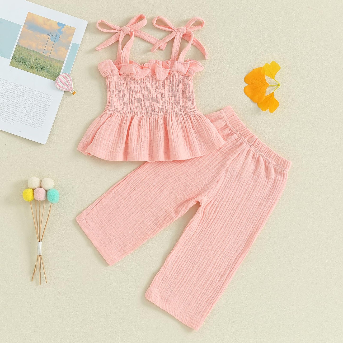 VISGOGO Infant Baby Toddler Girls Clothes Solid Color Sleeveless Camisole Linen Pants Set Baby Summer Outfits