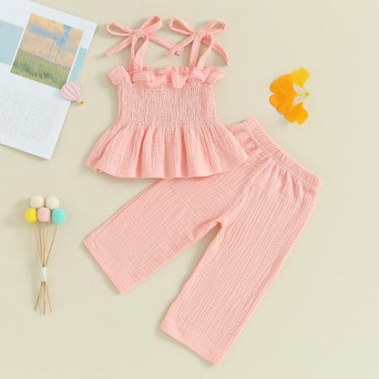 VISGOGO Infant Baby Toddler Girls Clothes Solid Color Sleeveless Camisole Linen Pants Set Baby Summer Outfits