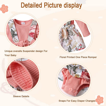 Newborn Baby Girl Clothes Infant Romper Floral Suspender Dress Ruffle Sleeve Onesie Outfit Jumpsuit Headband Spring Summer