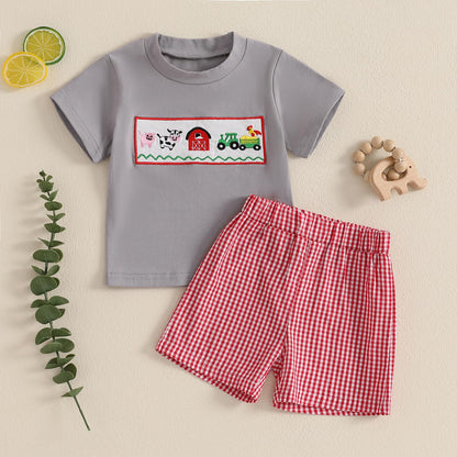 fhutpw Baby Toddler Boy Summer Clothes Embroidery Pattern Short Sleeve Tops & Casual Shorts 6 12 18 Months Outfits Sets