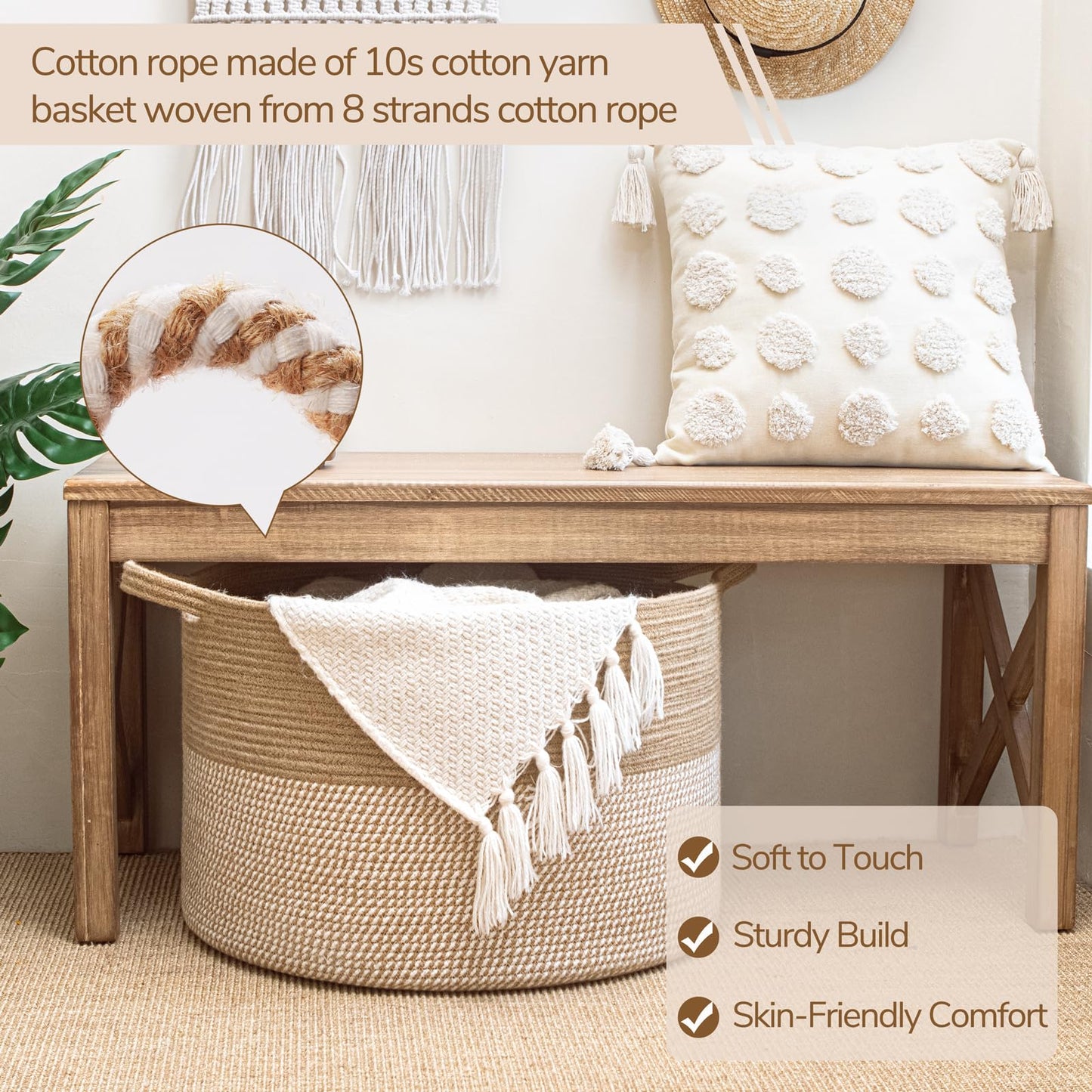 INDRESSME XXXLarge Cotton Rope Basket 21.7" x 21.7" x 13.8" Woven Baby Laundry Blanket Basket Toy Baskets with Handle Storage Comforter Cushions Thread Laundry Hamper