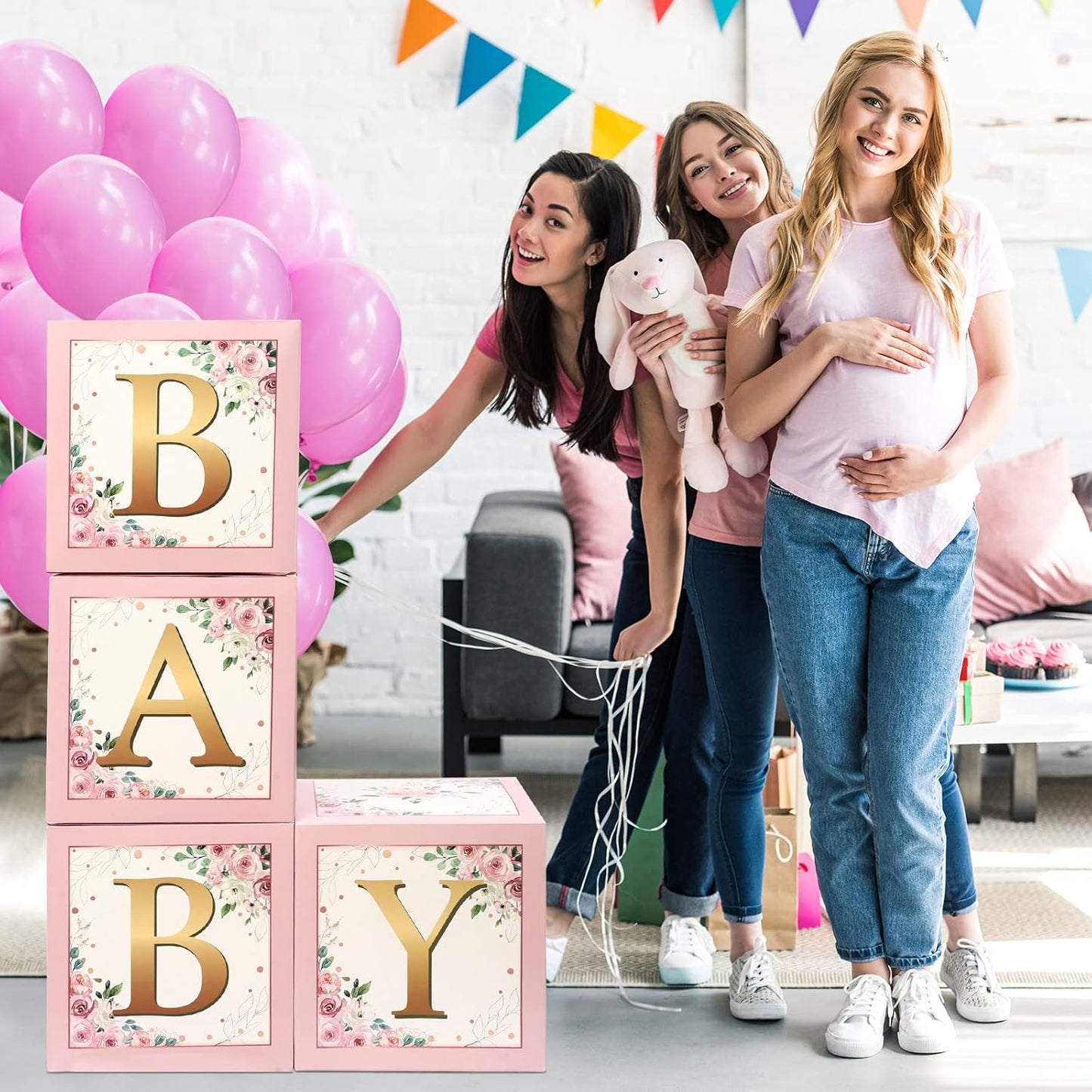 Sabary Baby Boxes with Letters Rustic Floral Pink Baby Shower Backdrop Blocks Box Birthday Party Gender Reveal Photo Props for Girl Boy Shower Decorations(Sweet Baby)
